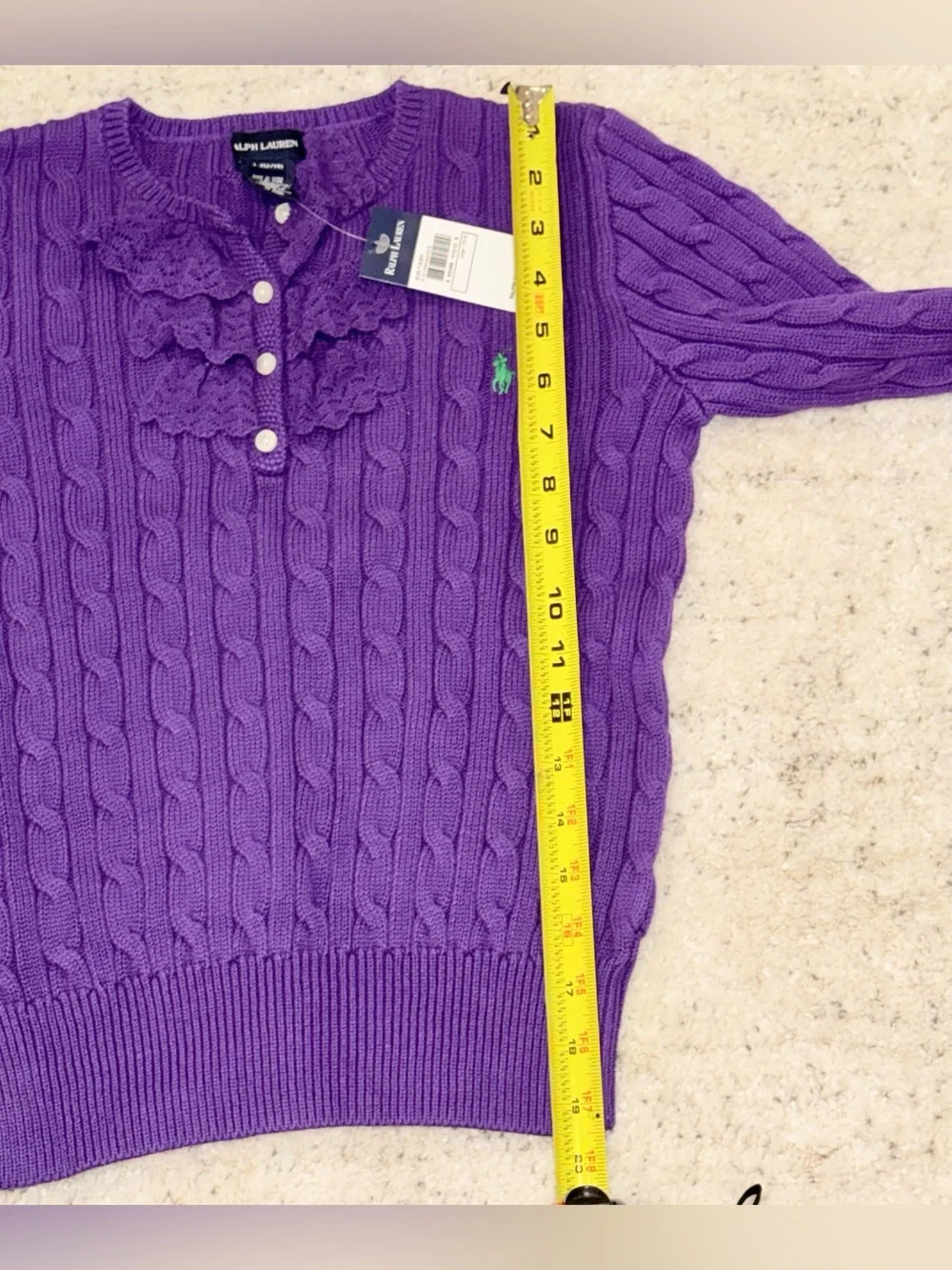 Ralph Lauren Girls Cable Knit Sweater Purple Lace Henley Pony Logo large L 12-14